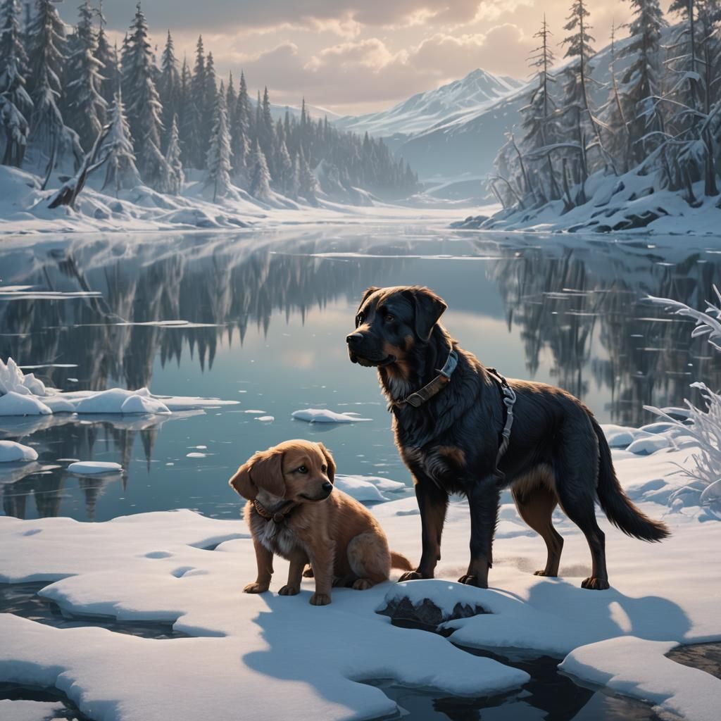 Dog and Puppy Cold Near Frozen Lake