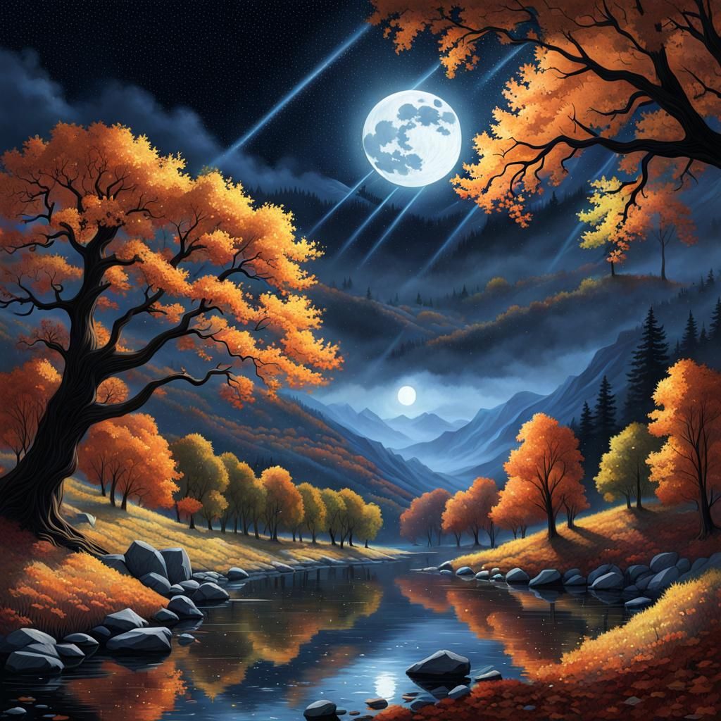 Autumn Lake Landscape in Digital Watercolor Style