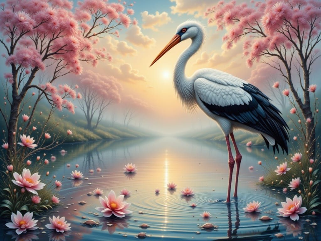 Majestic Stork in Enchanting River: Hyperrealistic Seascape