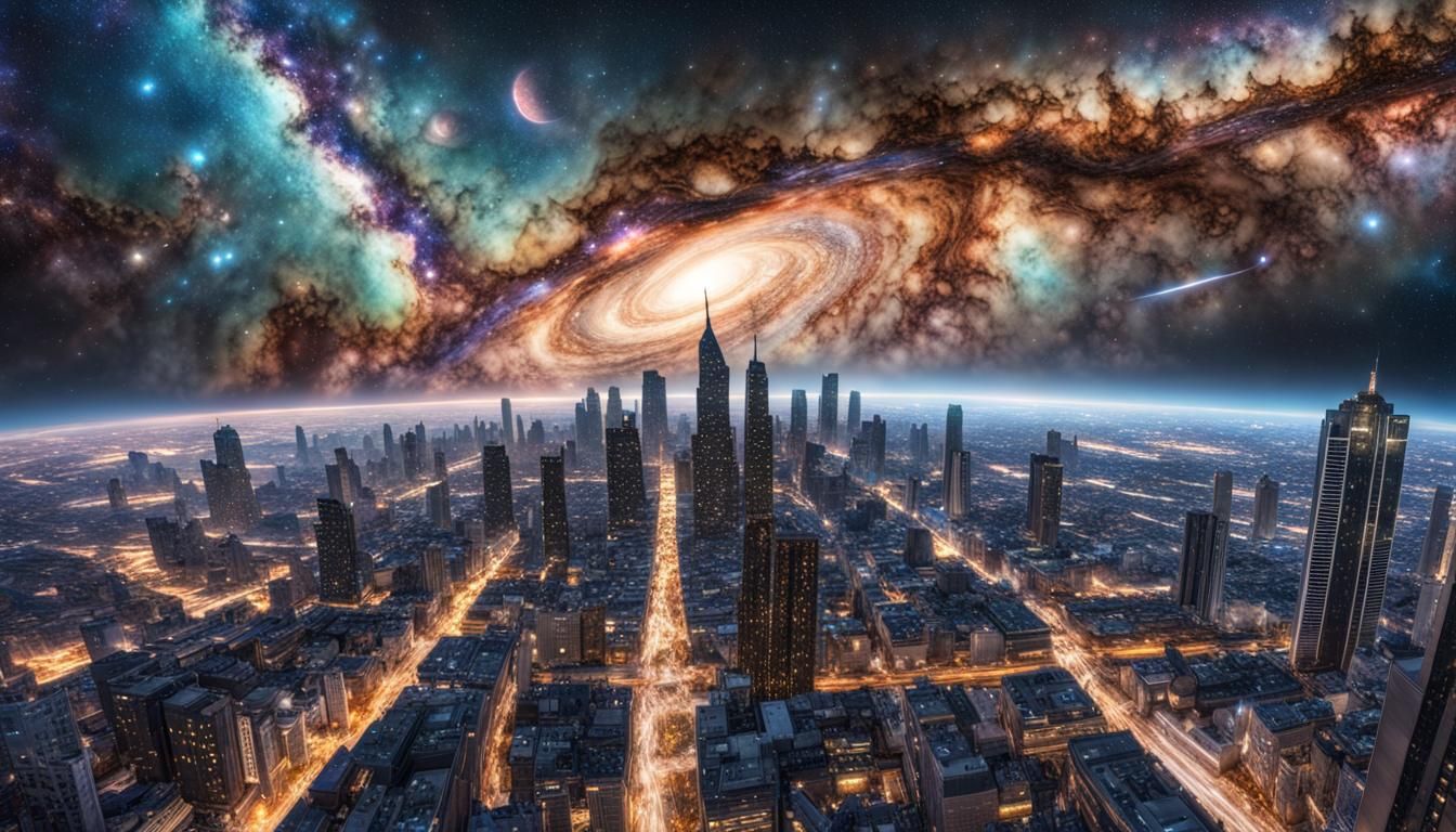 Inverted City Fantasy with Milky Way, Hyperrealistic