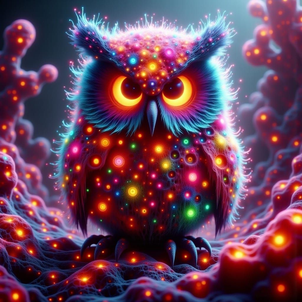 Whimsical Owl Perched on Branch in Vibrant Coral Texture