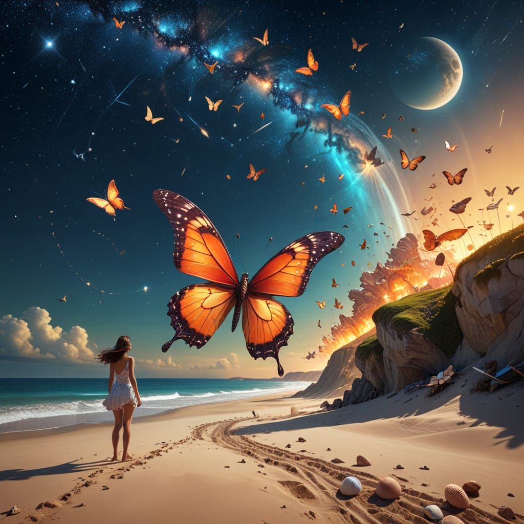 Giant Magic Butterfly Over Lone Figure, Digital Matte Painti...