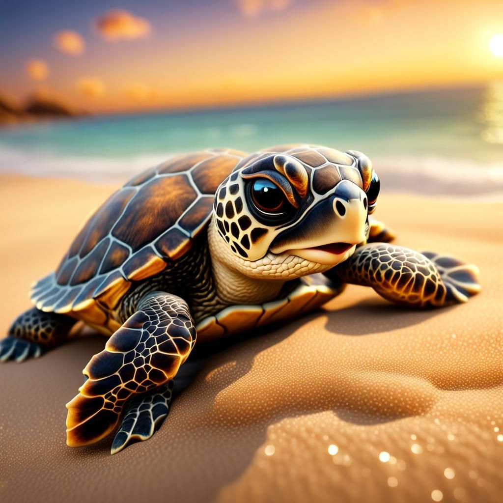 Adorable Chibi Turtle on Beach at Sunset