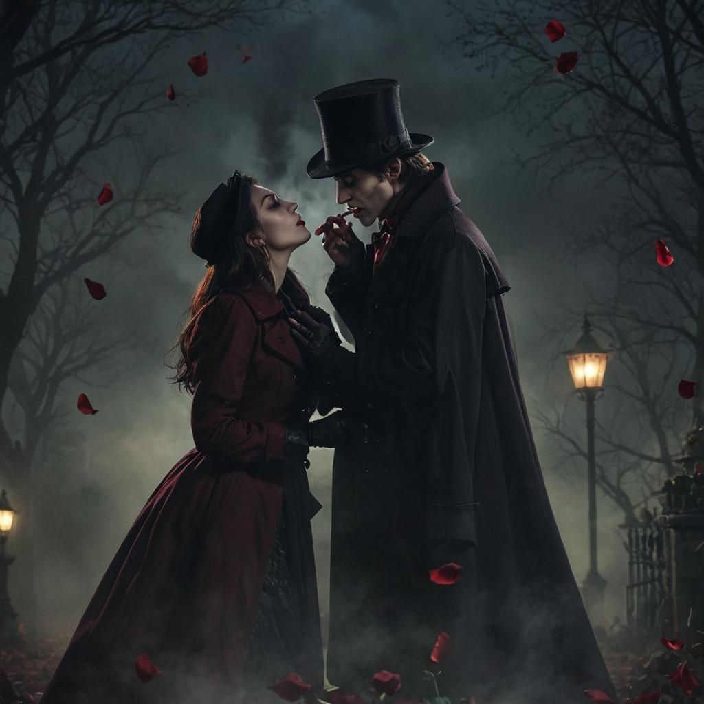 Gothic Vampire's Romantic Kiss in Moonlight