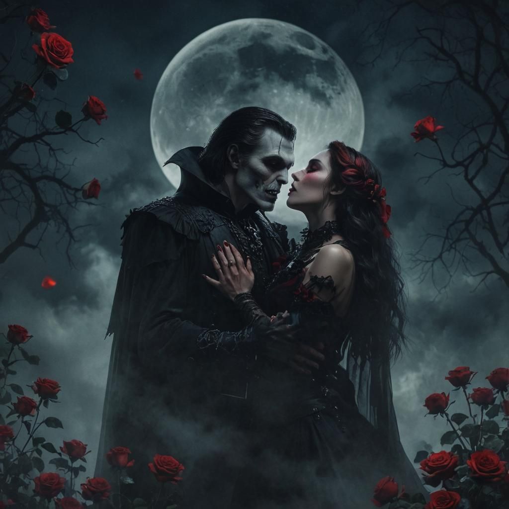 Gothic Vampire Kiss in a Moonlit Landscape