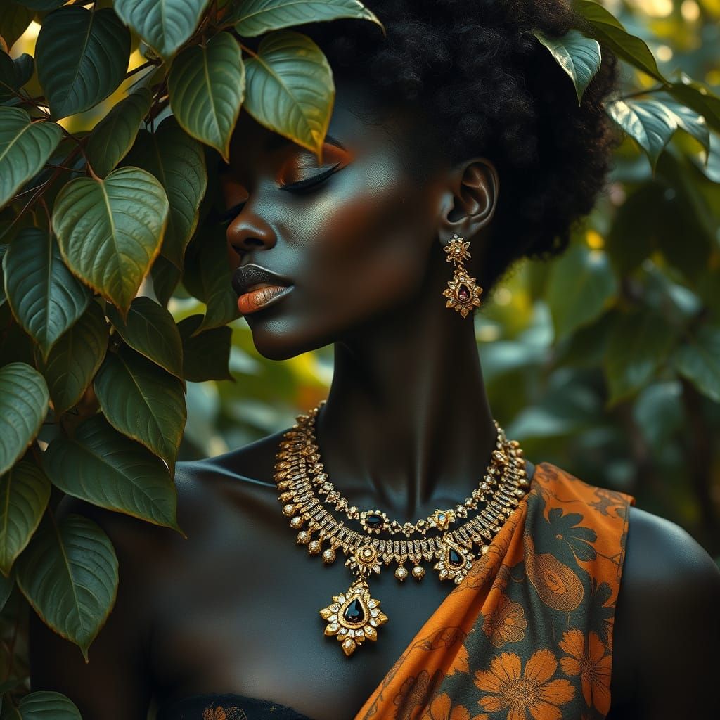 Elegant Black Woman with Gold Adornments, Art Nouveau Style