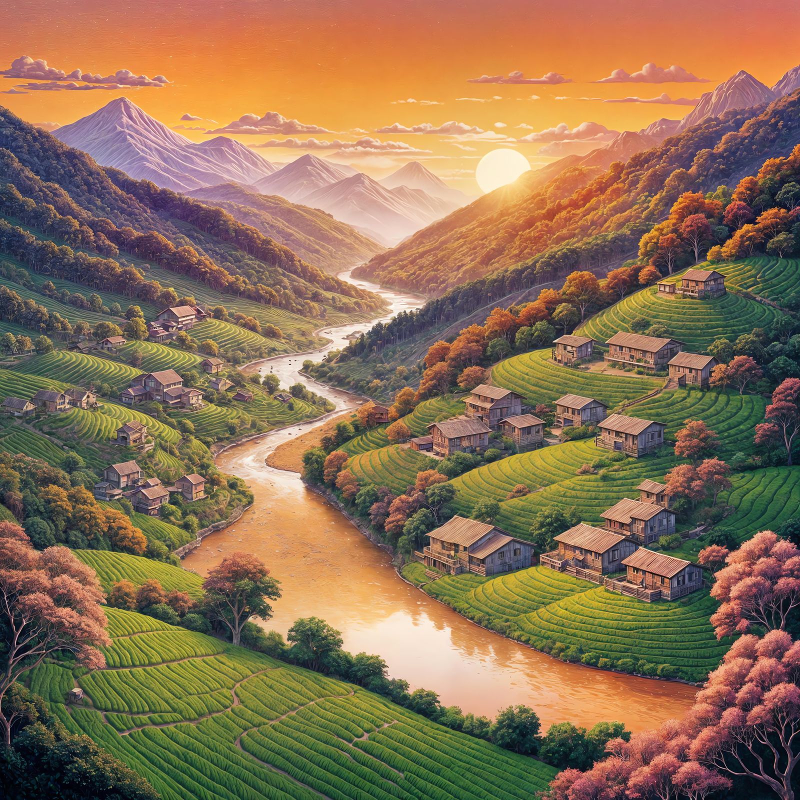 Mountain Village Sunset Panorama in Pointillist Style
