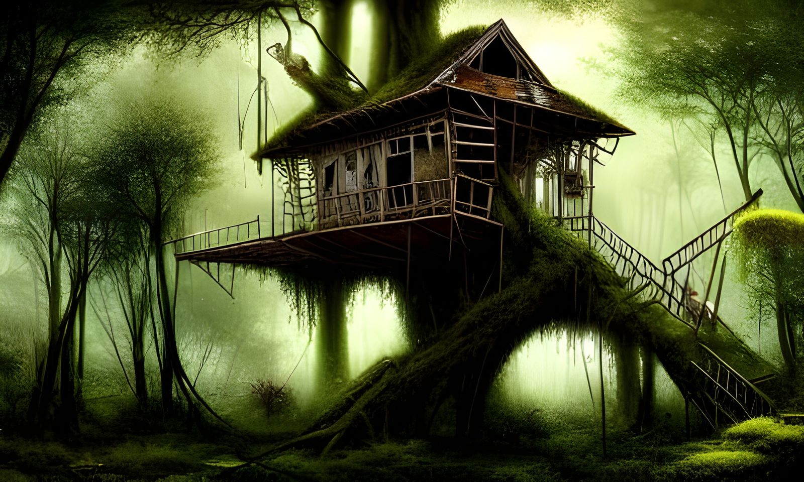 Overgrown Abandoned Treehouse in Digital Art Style