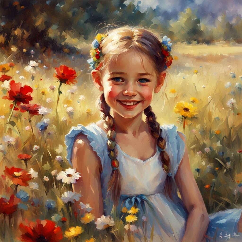 Girl in Flower Meadow, 3D Watercolor Painting