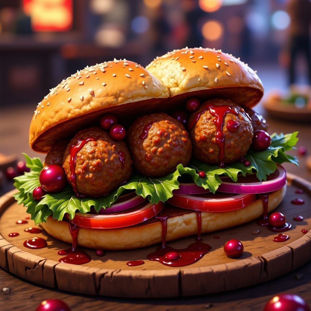 <lora:Stylized Serenity Fx:1.0> сендвич с тефтелями и клюквой на деревянной тарелке, аппетитный соус, в стиле anime, гли...