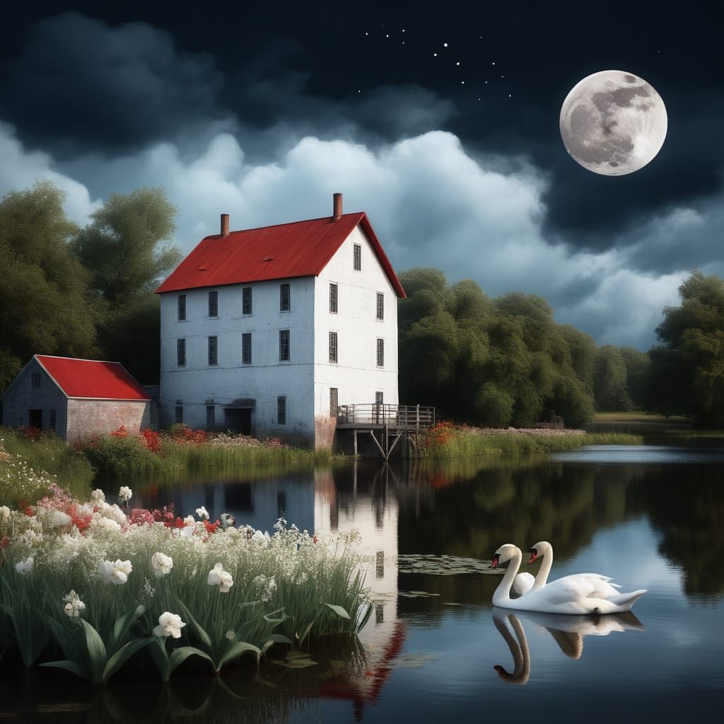 Impressionistic Flour Mill by Lake with Swans