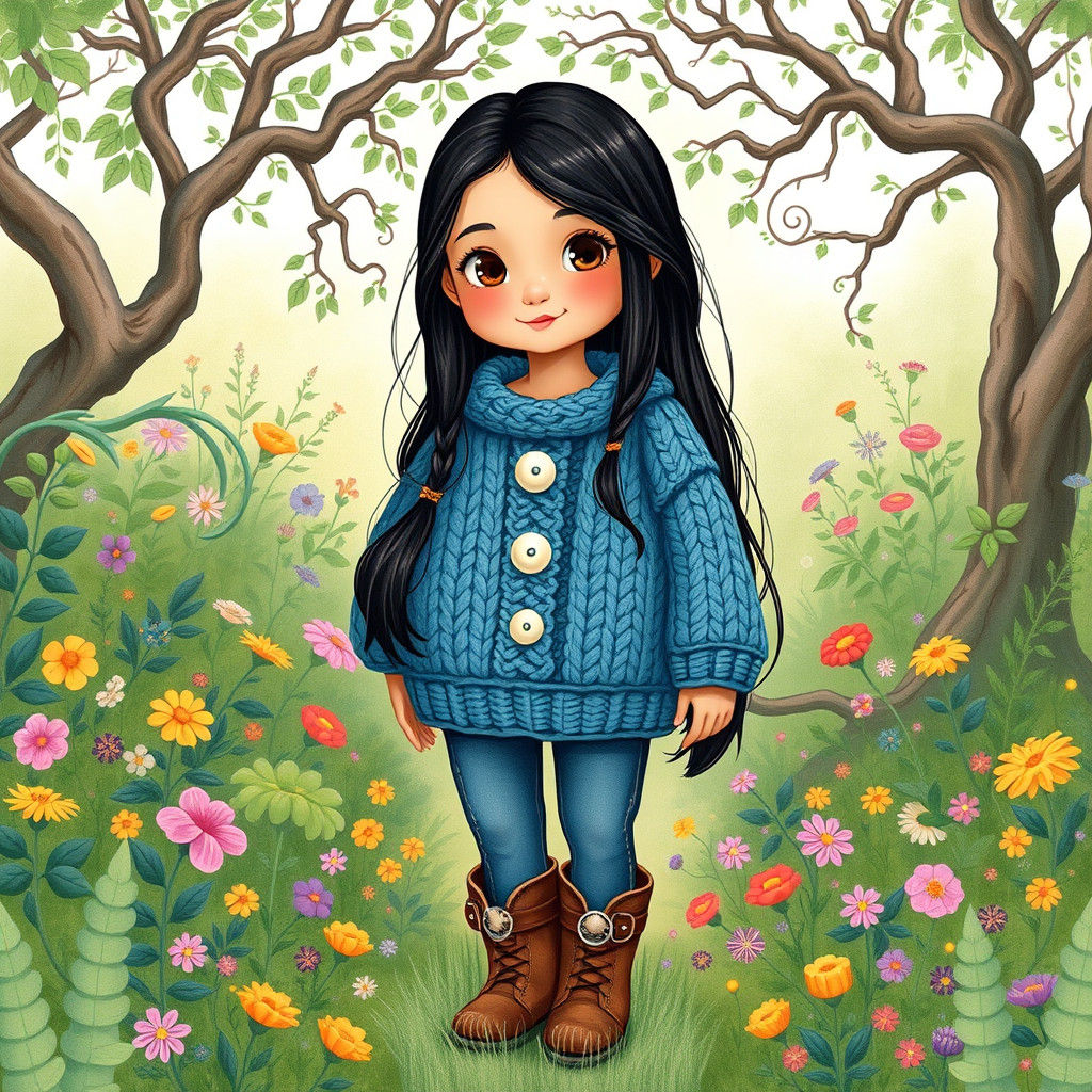 Native American Girl in Whimsical Garden Scene