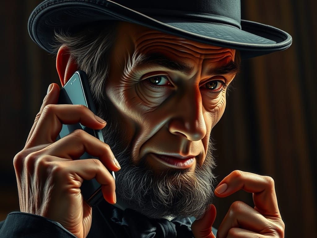 Luxuriant Oil Portrait of Abraham Lincoln on Smartphone in M...