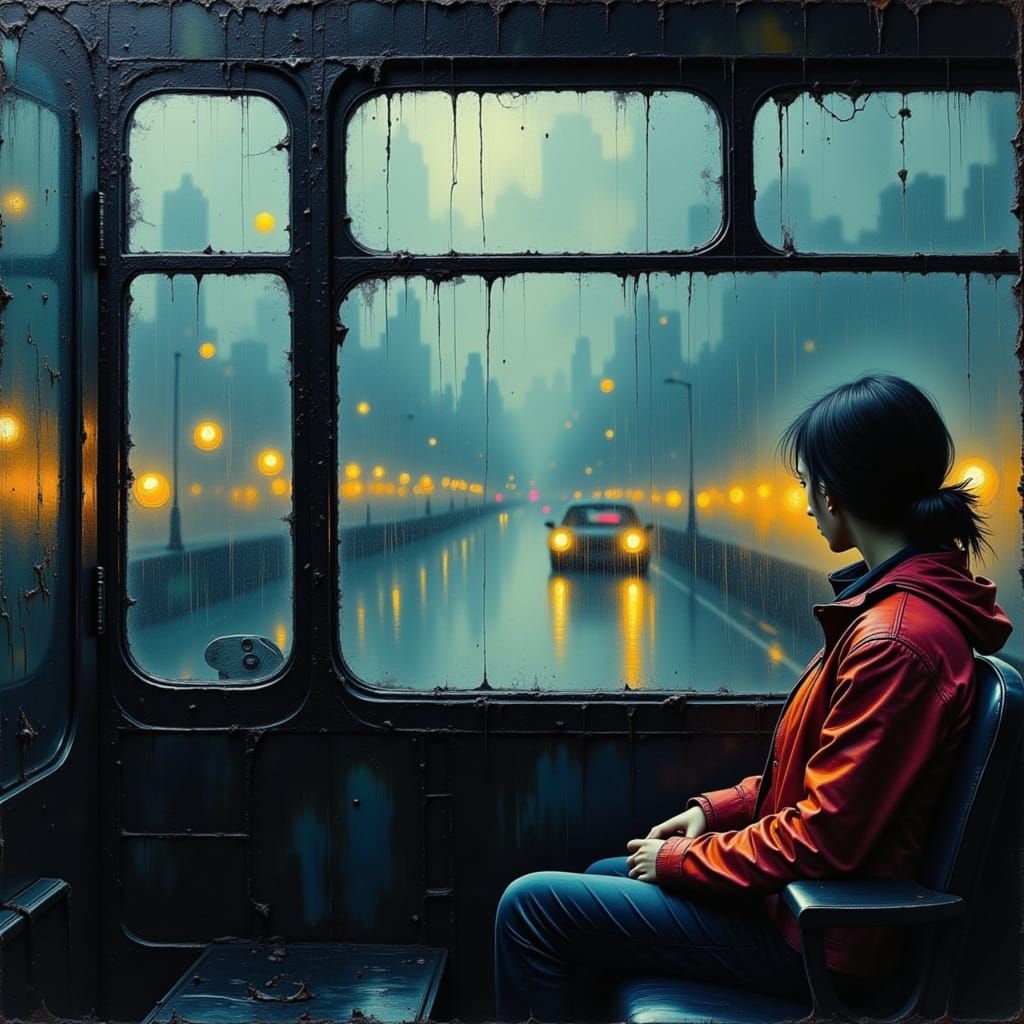 Impressionistic Oil Painting of Bus Window View