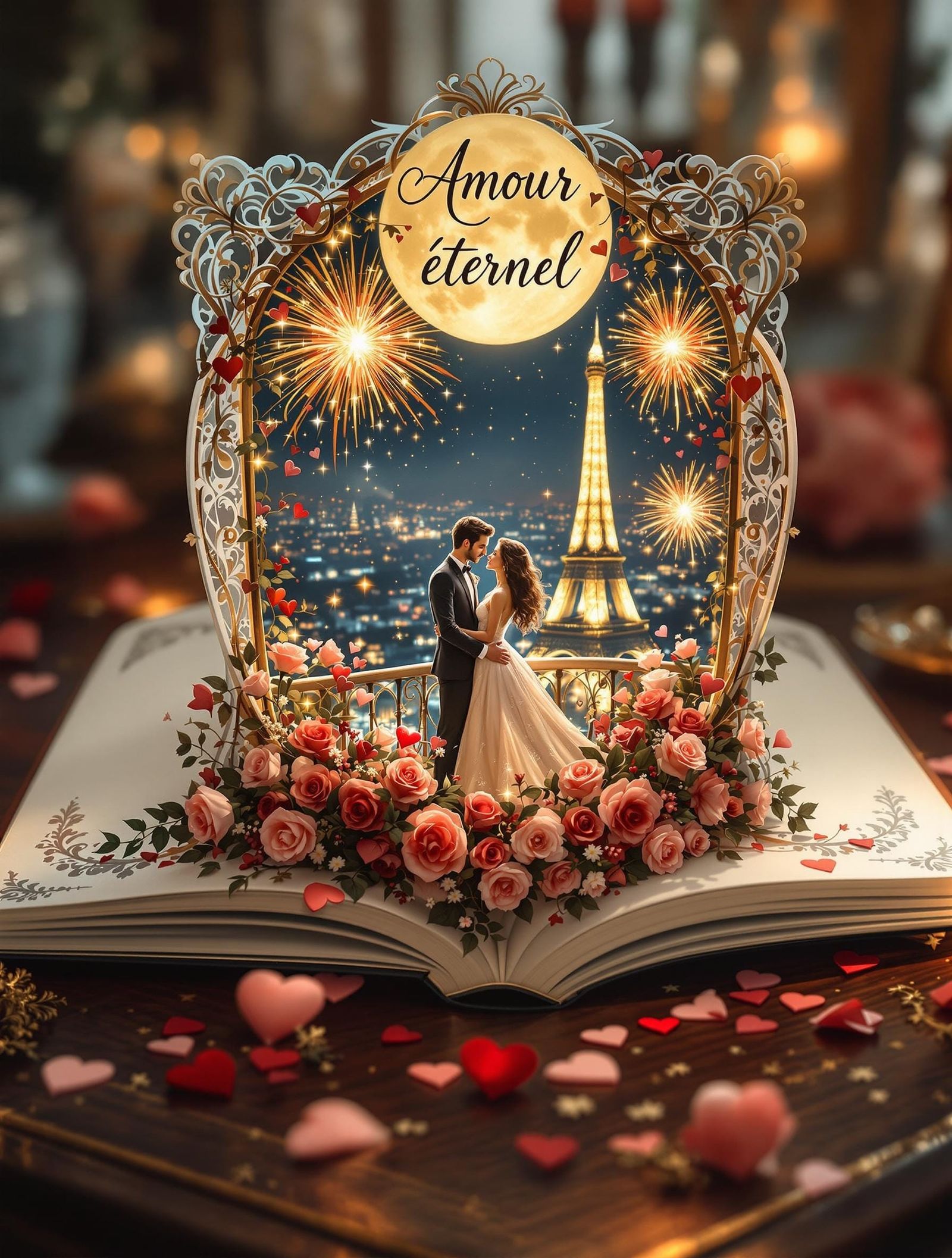Whimsical, Golden Valentine's Card with Parisian Cityscape