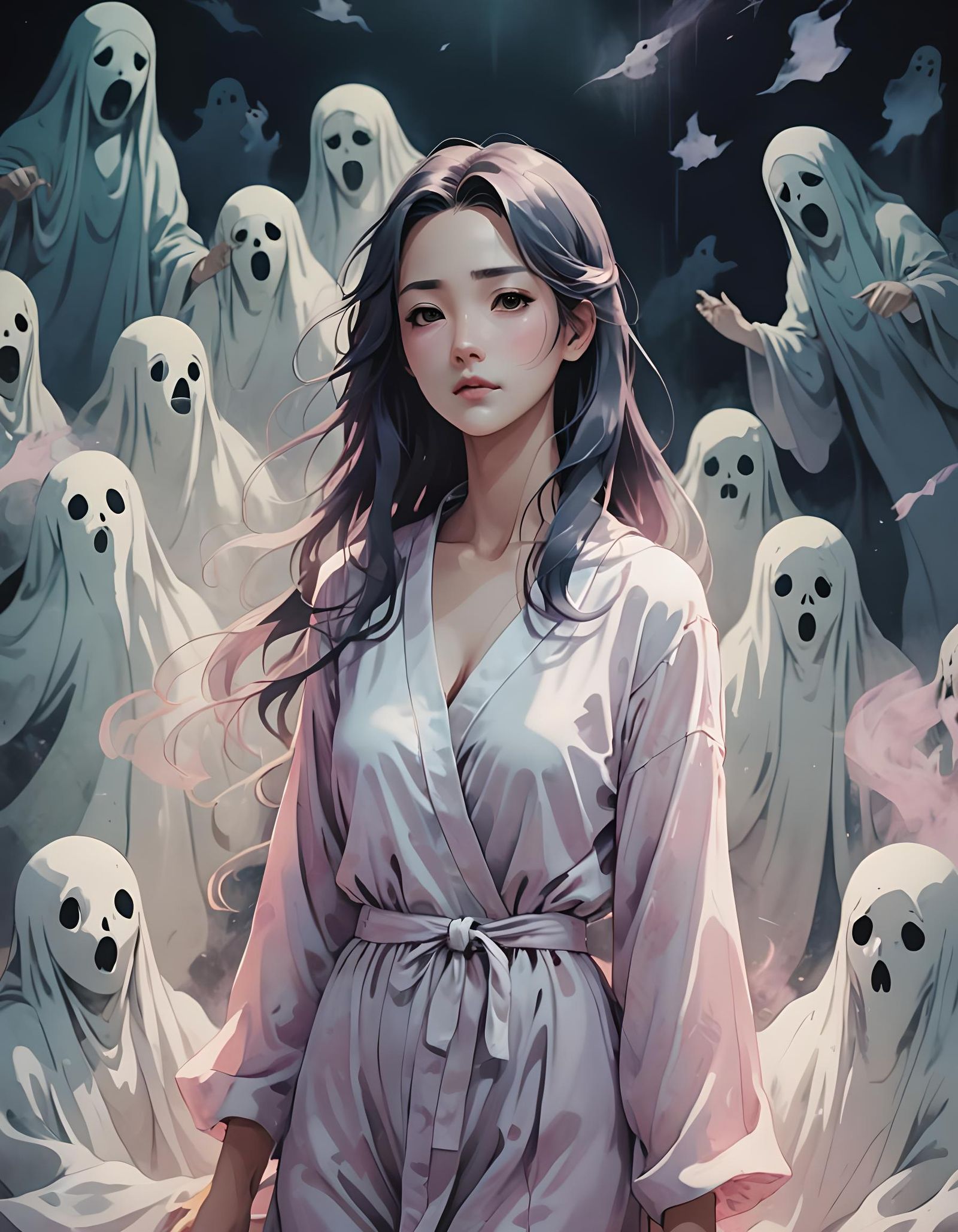 Lady in sleepwear surrounded by ghosts