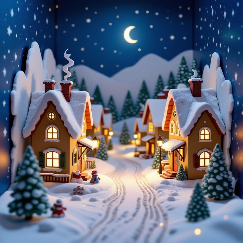 Cozy Fantasy Village Pop-Up Book Scene with Snow