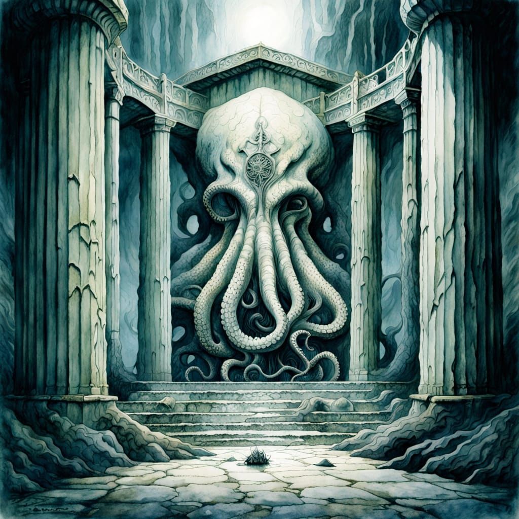 Eerie Kraken Statue in Crumbling Temple