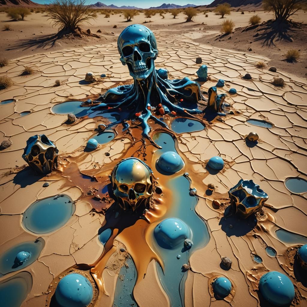 Surreal Desert Landscape with Melting Objects