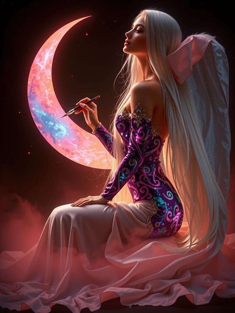 A regal, slender white witch with luxuriant, floor-sweeping platinum hair cascading down her back like a river of starli...