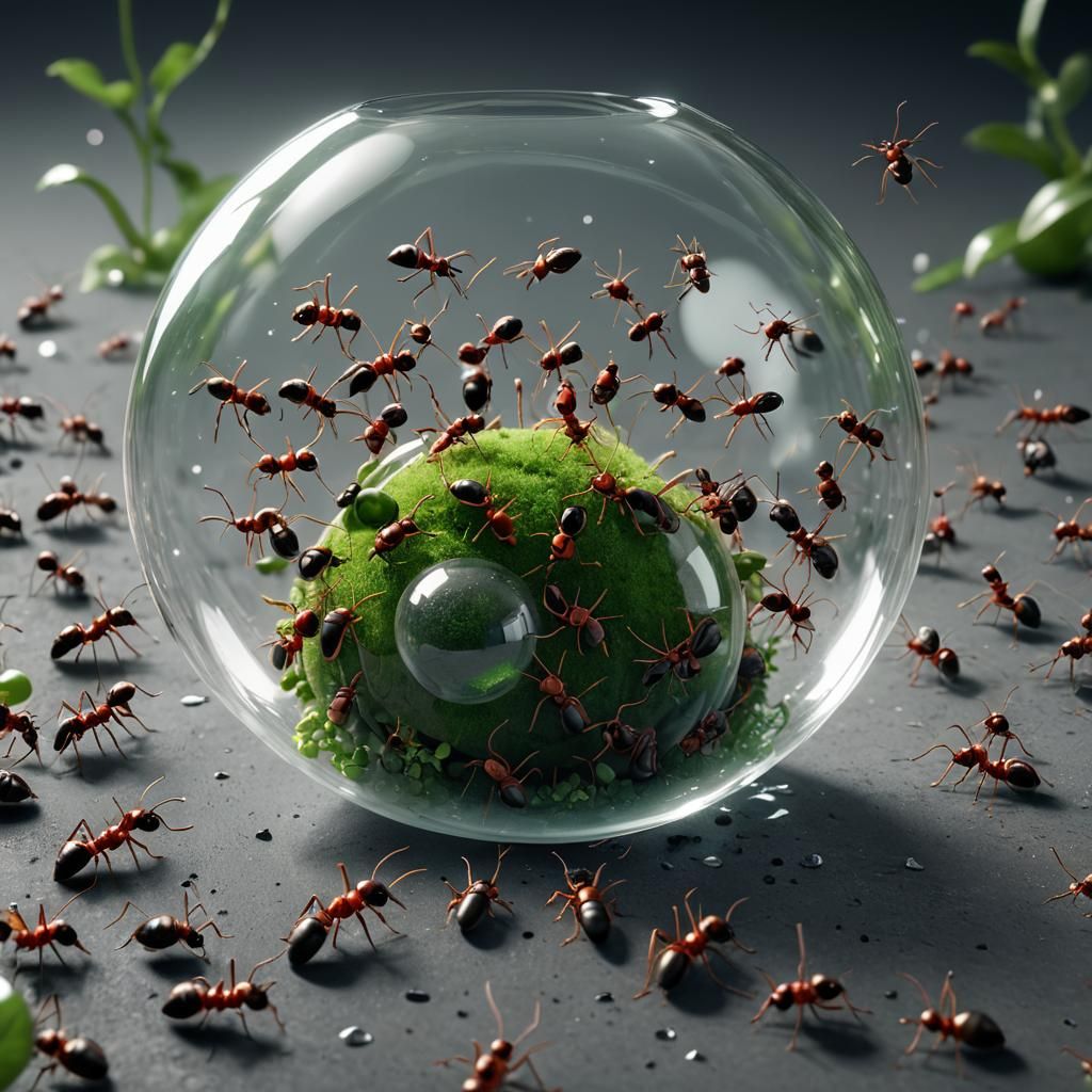 Ants Learn About Green Bubble in 3D Cinematic Style