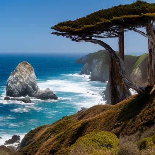 Big Sur Coastline Pine Tree in Photographic Style