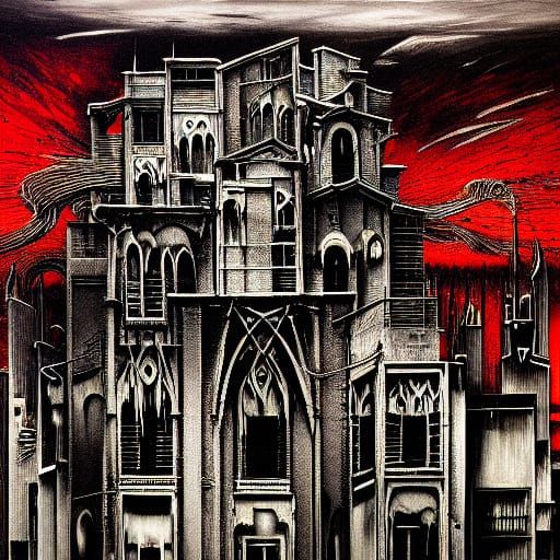 Vibrant Goth Art Mural with Urban Textures and Crimson Splat...