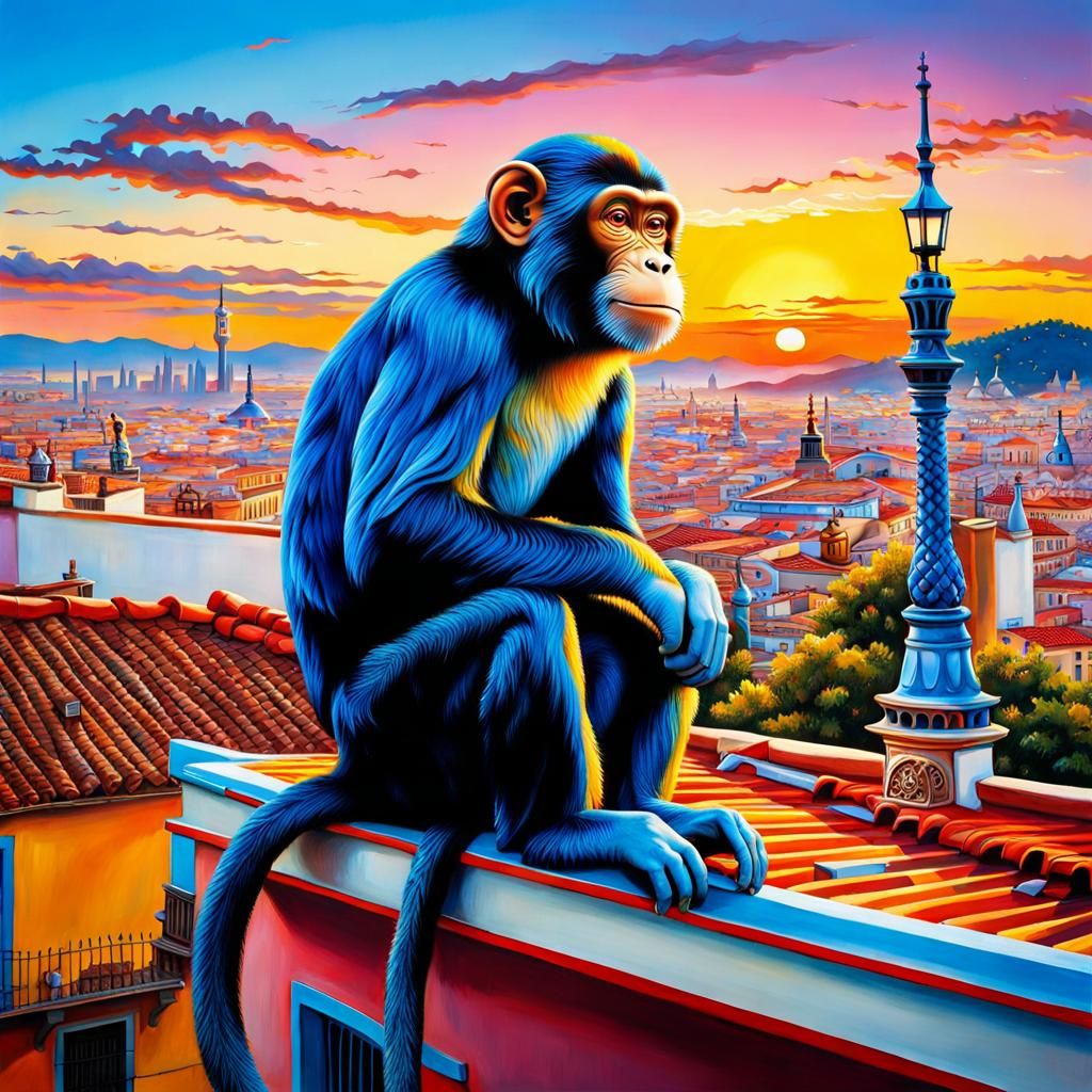 Hyperrealistic Monkey on a Roof at Sunrise
