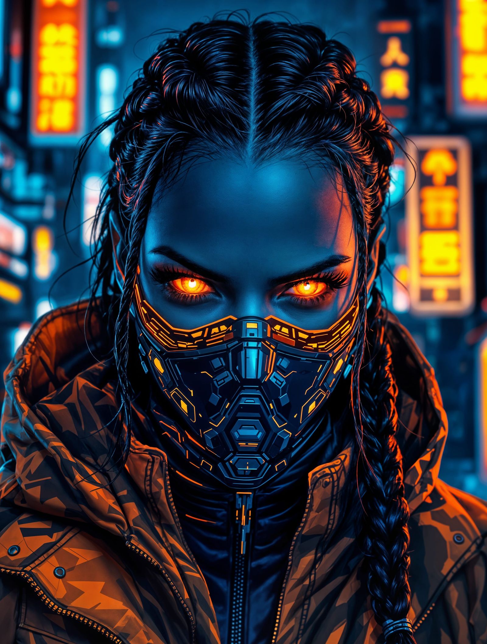 Cyberpunk Goddess with Fiery Eyes in Neon City
