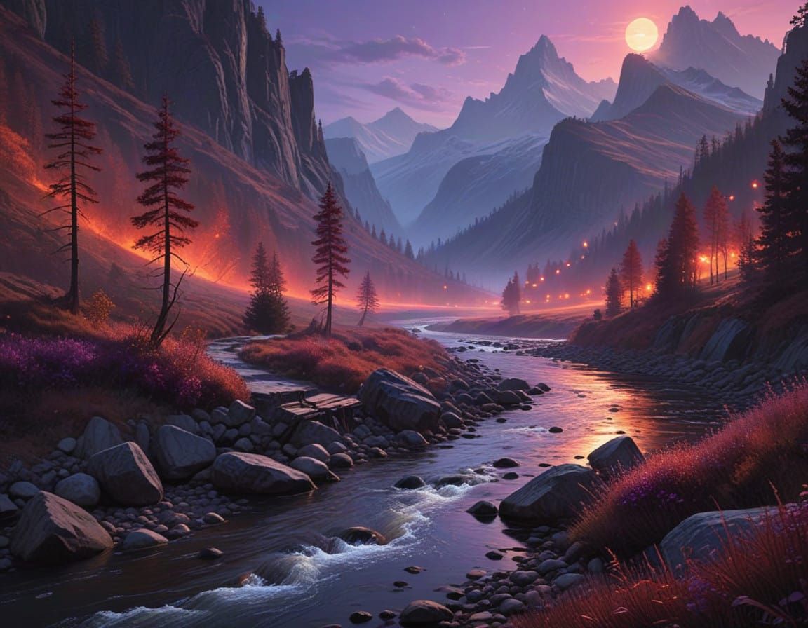 Dreamy Mountain Night Scene in Soft Violet and Red Hues