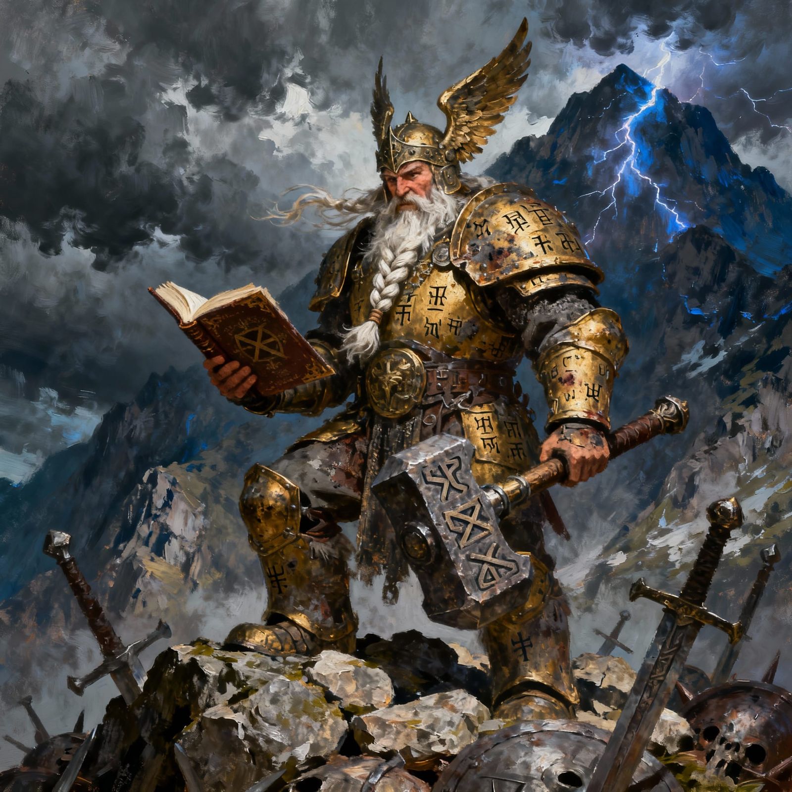 Dwarven King with War Hammer and Book of Grudges in Oil Pain...