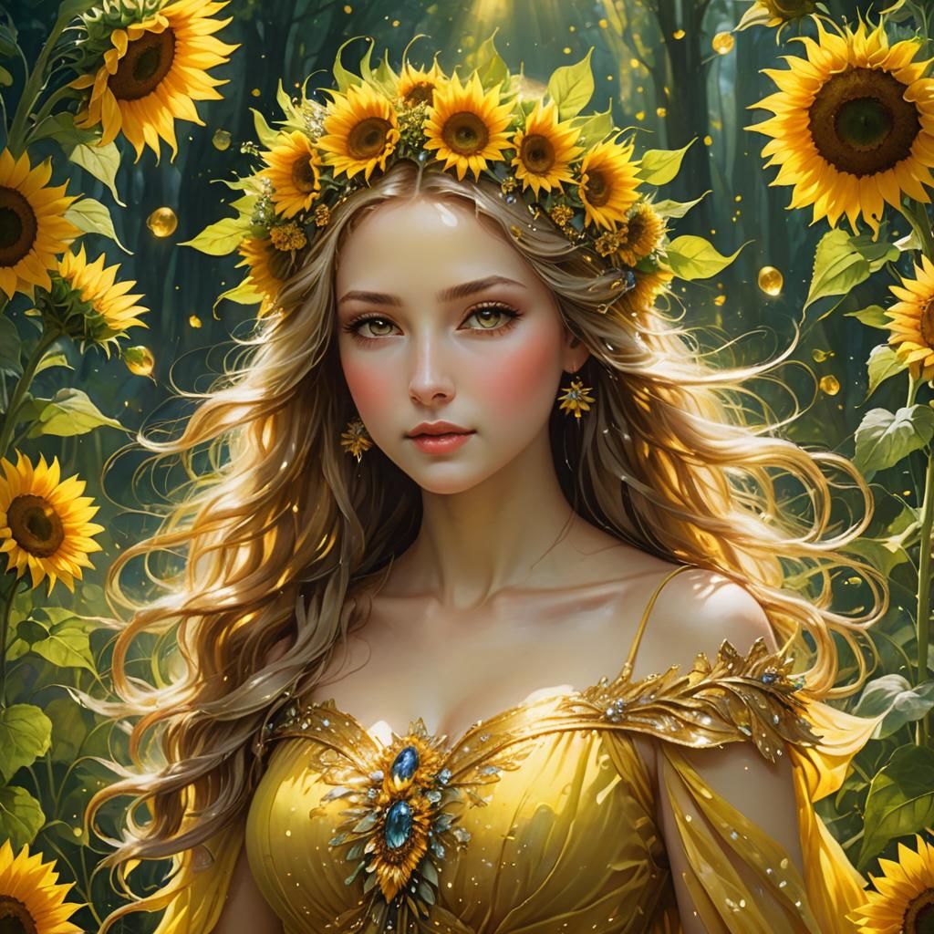 Ethereal Sunflower Nymph in a Fantasy Meadow