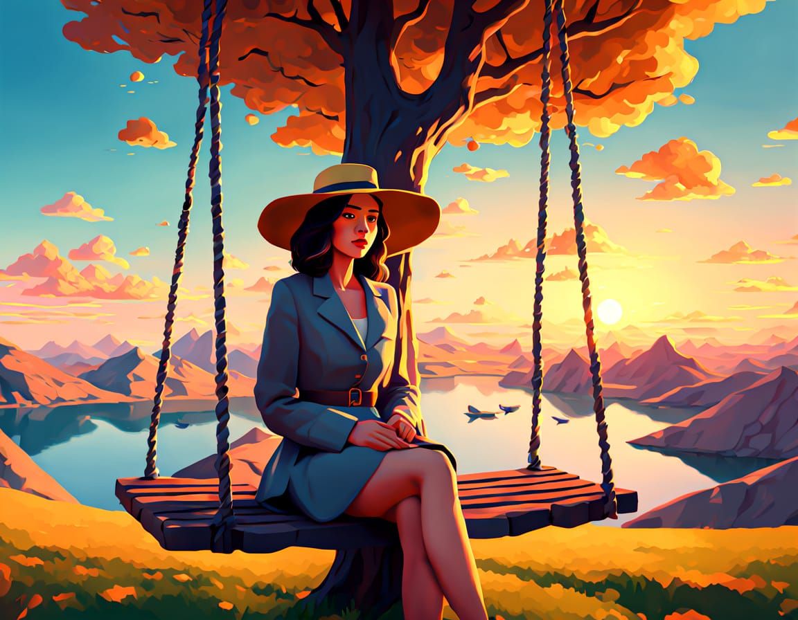 Surreal Woman on Swing: Oil Painting in Dreamscape