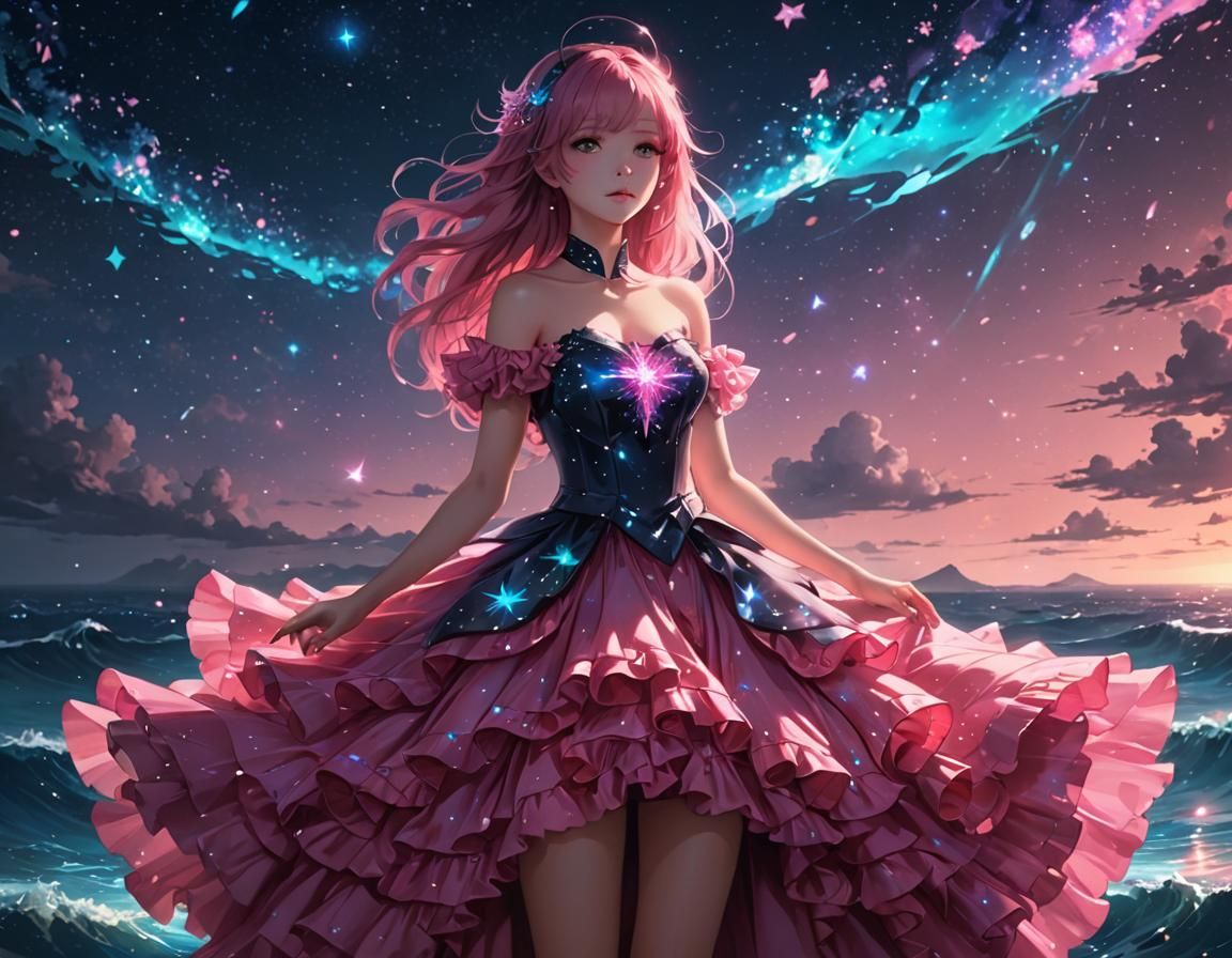 Bioluminescent Ocean View Under Starry Galaxy Sky