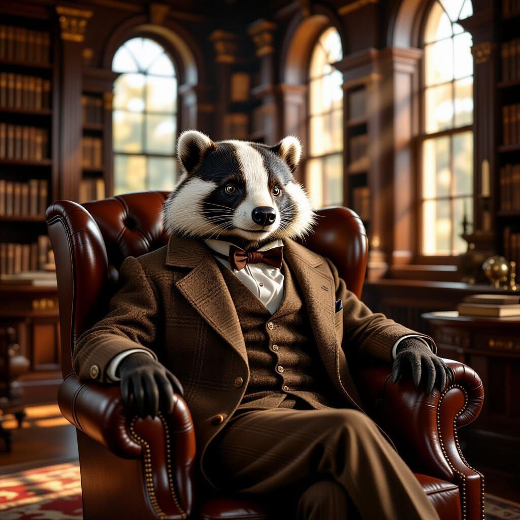 Distinguished Badger in Library, Hyperrealistic Rembrandt St...