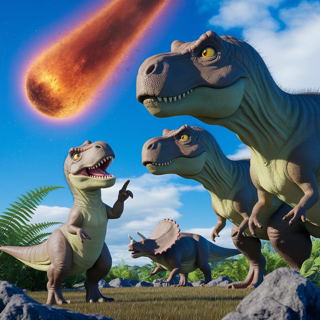 Baby T-Rex Points to Fiery Meteor