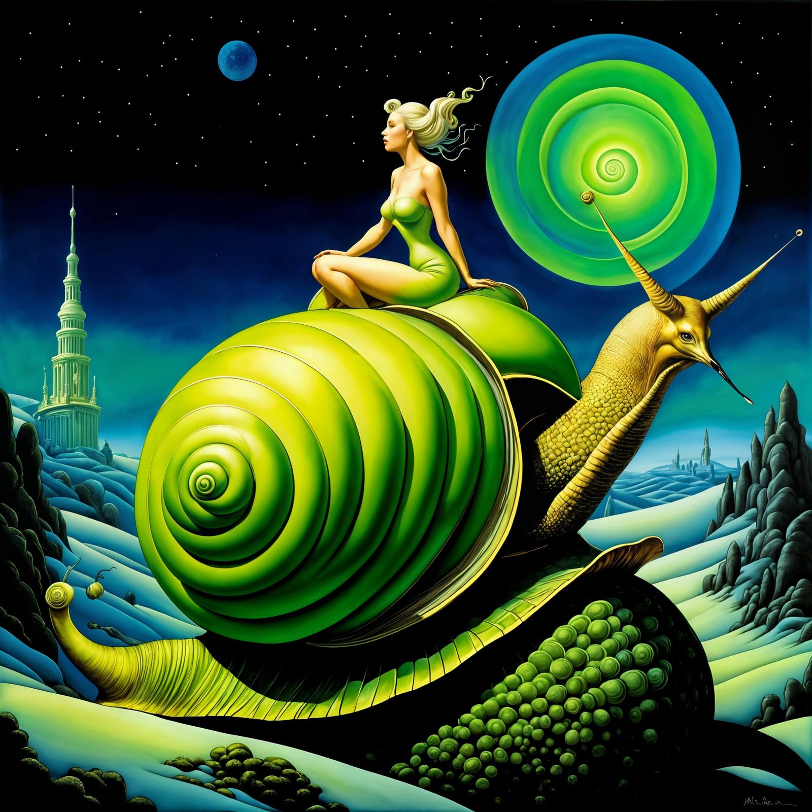 Woman Rides Snail in Surreal Landscape