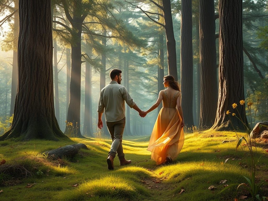 Ethereal Couple Strolls Through Idyllic Golden Forest