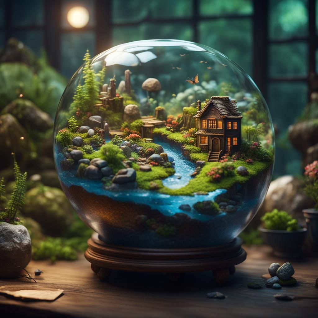 Miniature World Inside a Glass Terrarium