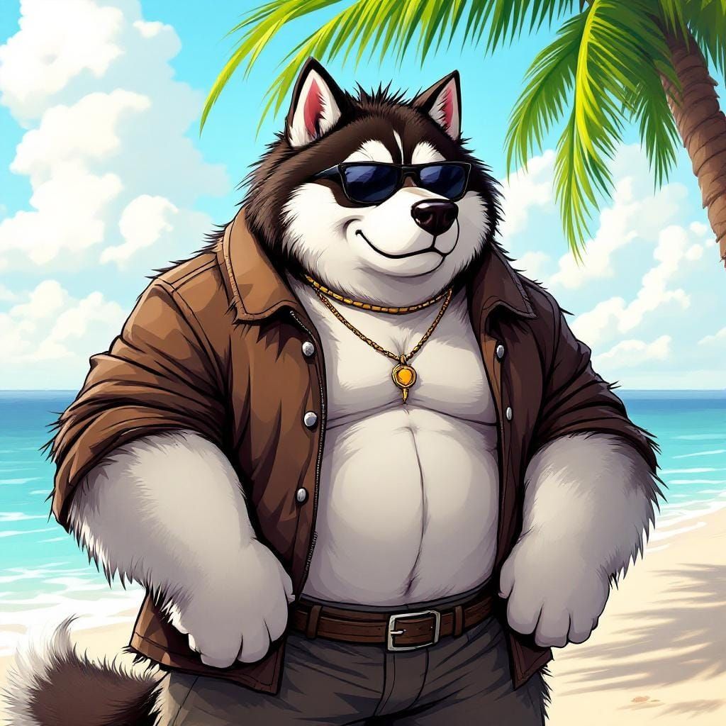 Flirty Husky Dog on Beach in Furry Art Style