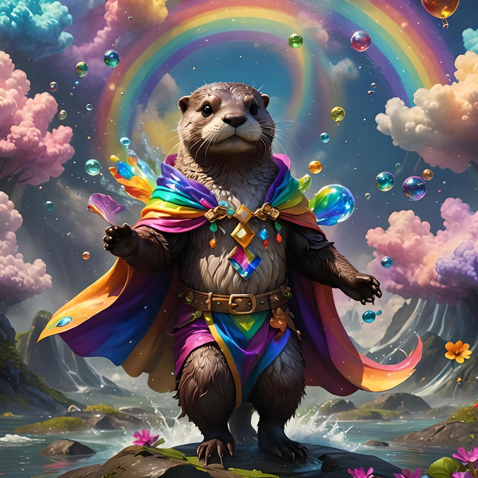 Anthropomorphic Fairy-Otter with Rainbow Cloud Fractals