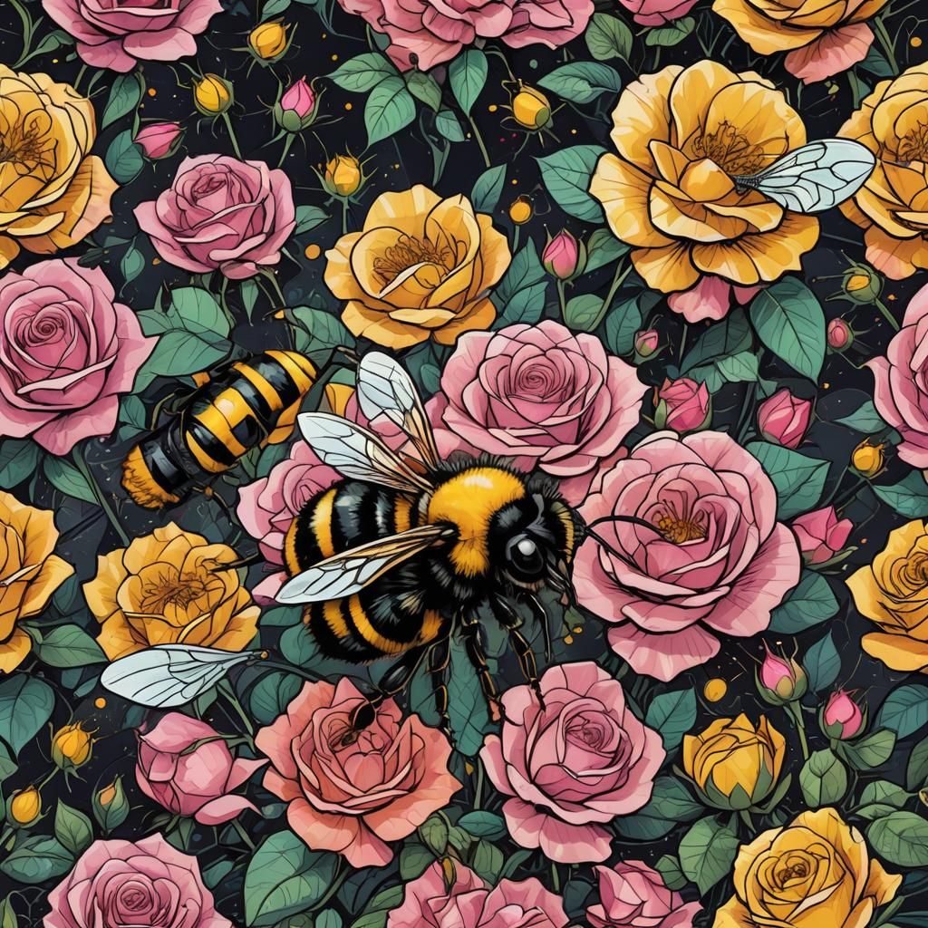 Bumble Bee and Rose in Cubist Style