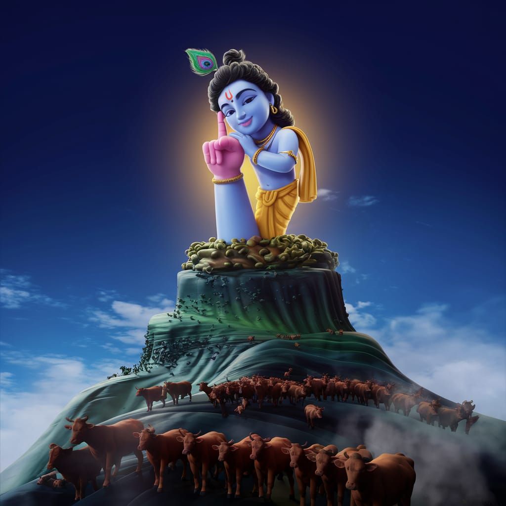 Krishna Lifting Govardhan Parvat in 3D Cartoon Style