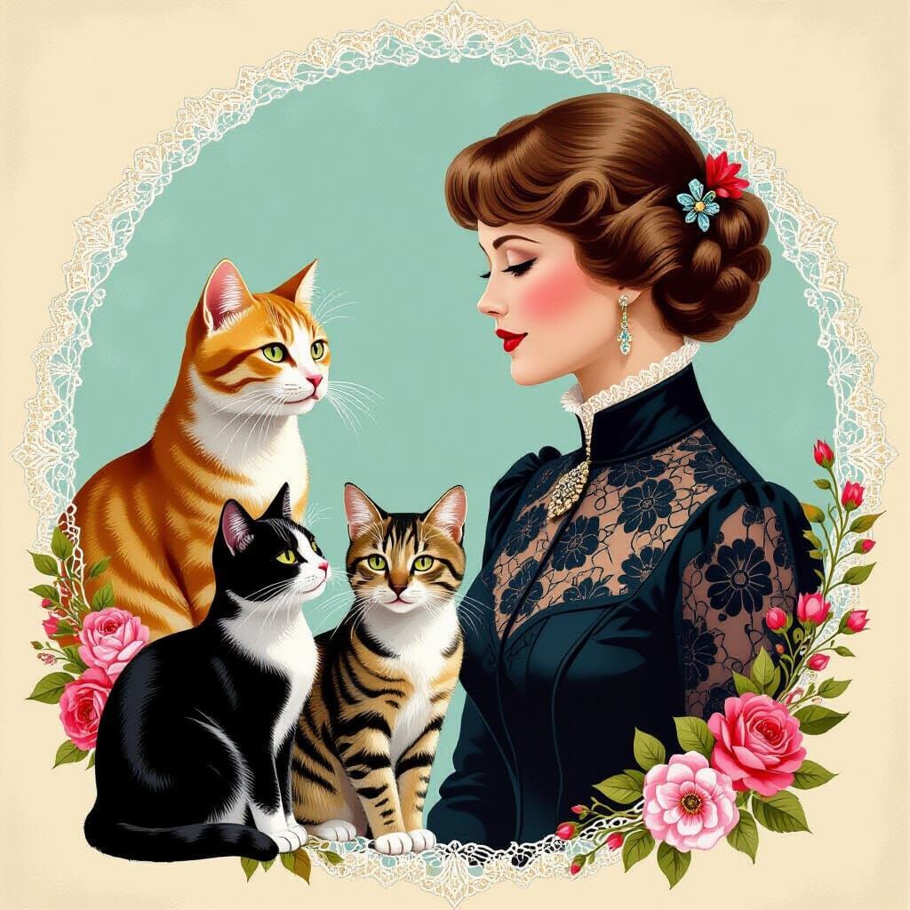 Lace Collage of a Woman and Her Cat Family
