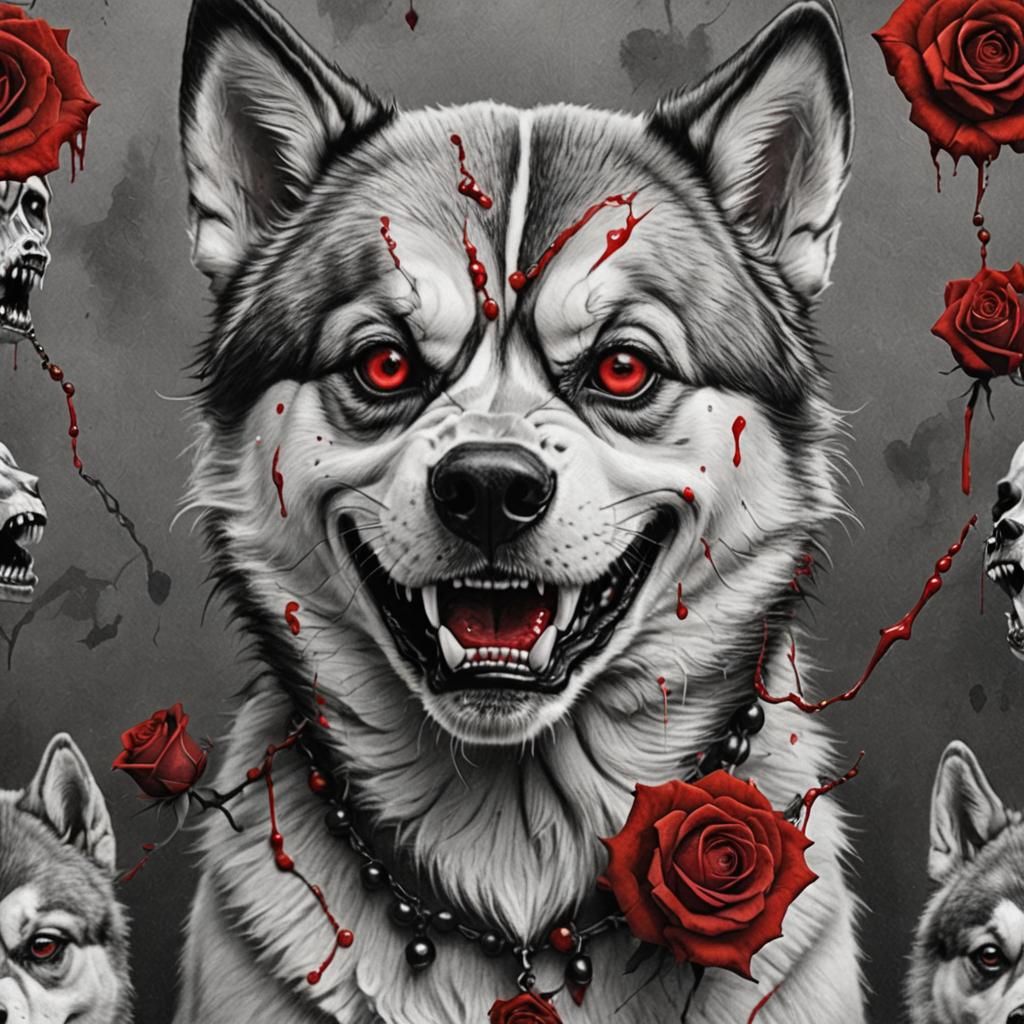Creepy Skull Husky Charcoal Drawing with Red Blood