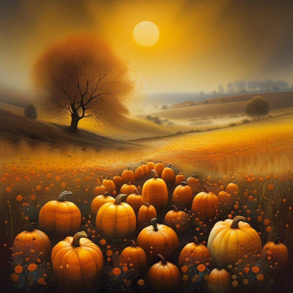 Intricately Carved Pumpkins in Impressionistic Autumn Landsc...