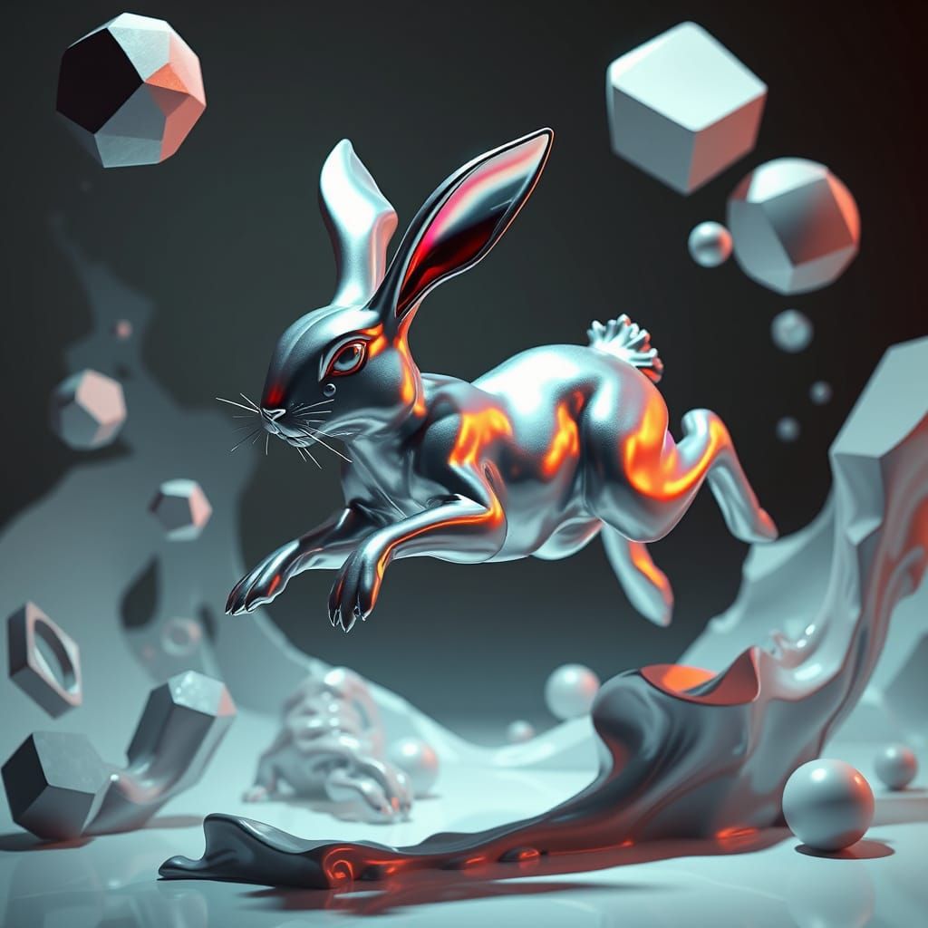 Surreal Rabbit Sculpture in Liquid Metal