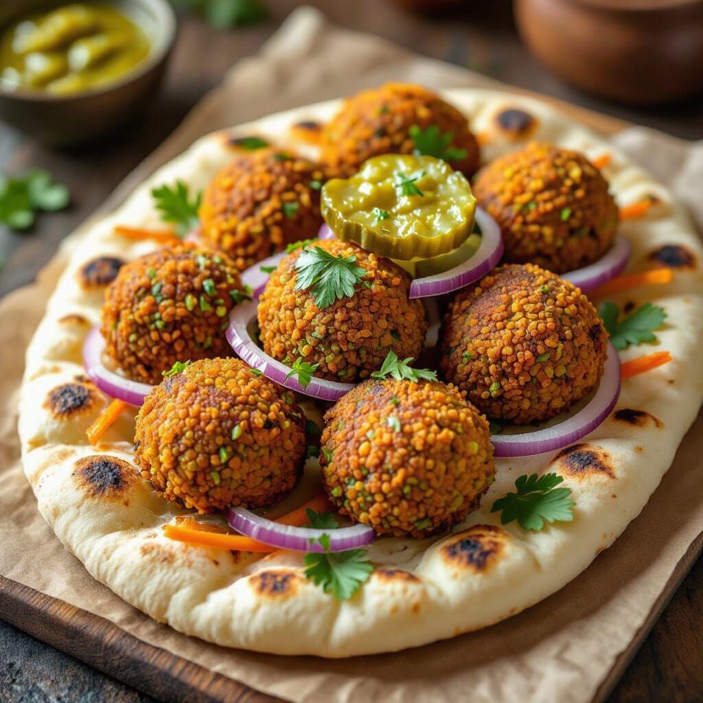 Falafel on Naan Bread with Fresh Vegetables