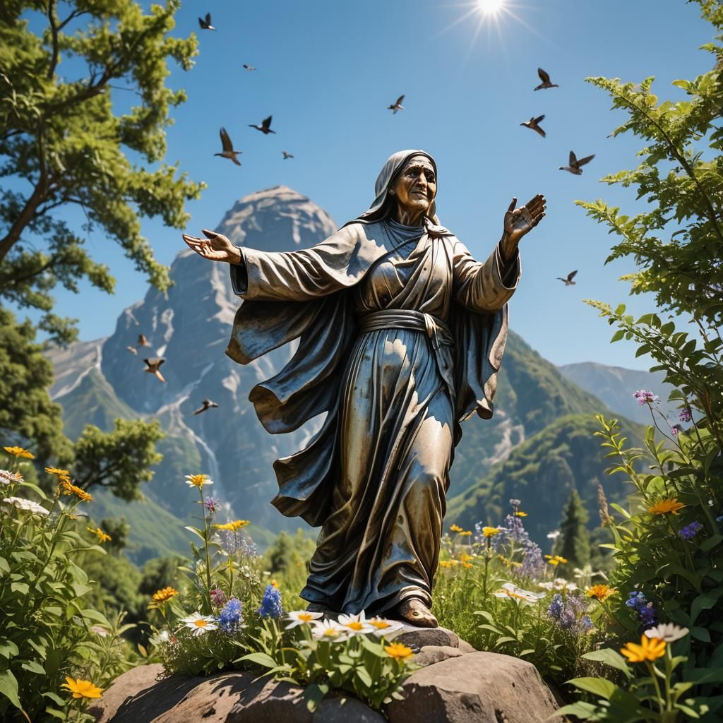 Majestic Statue of Mother Teresa in Mountain Landscape