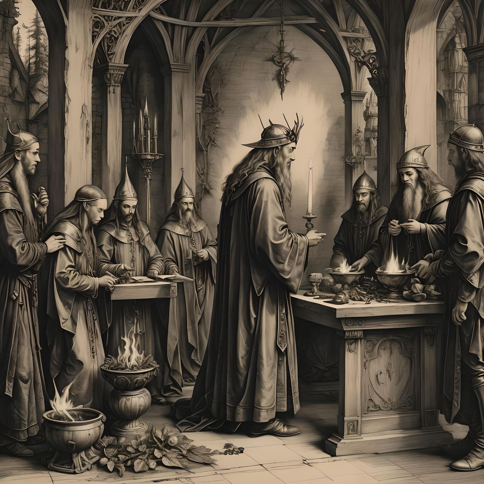 Elven Priest Ritual: A Charcoal Drawing in Durer Style